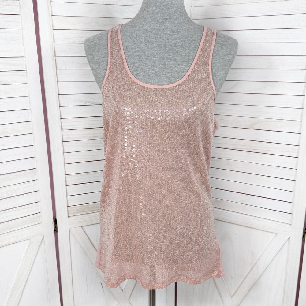 Y2K Sequin Front Sheer Back Going Out Tank Top Rose Pink Medium Double‎ Zero